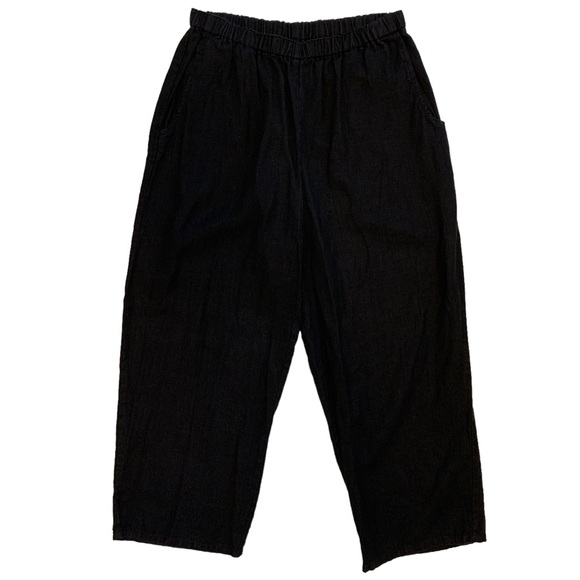 Flax Pants & Jumpsuits Flax Black Linen Cropped Wide Leg Pants